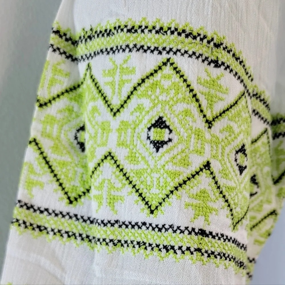 L NWT Chealsea & Theodore Tassel Embroidered Tribal Boho Shift Dress Cotton Midi - Picture 3 of 6